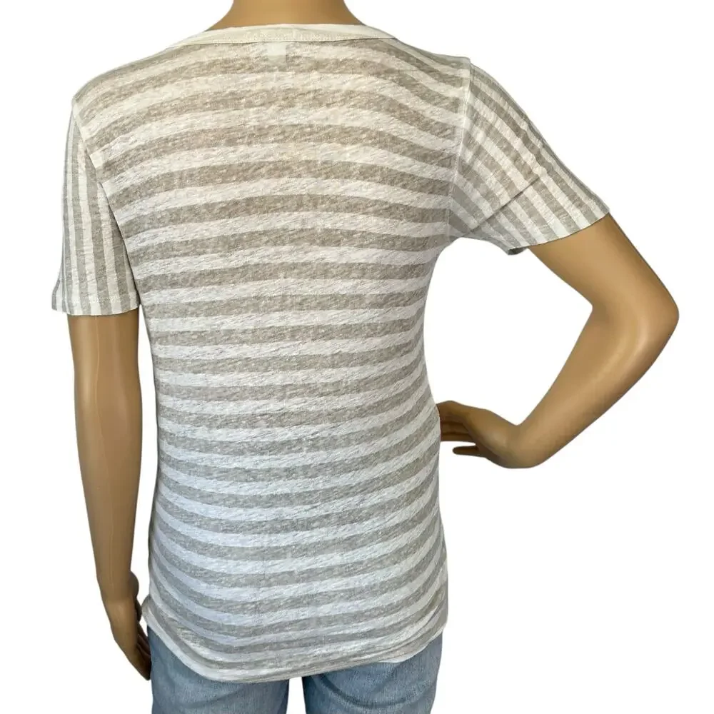J. Crew Pure Linen Paneled T-Shirt Striped Beige White A0551 Size S